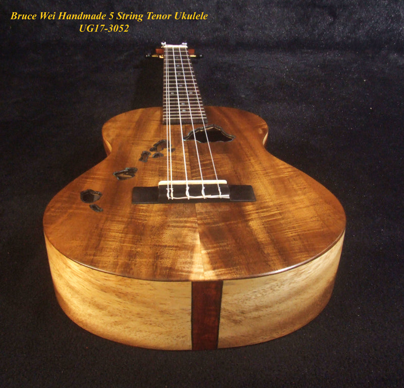 Handcrafted 5 String Tenor Ukulele, Solid Curly Acacia & Bocote, The Islands Soundhole, Soft-bag, Bruce Wei UG17-3052
