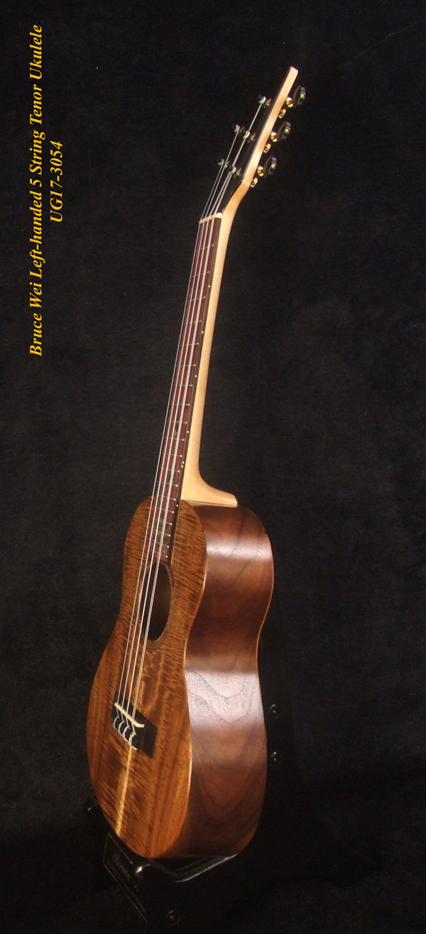 Handcrafted Left-handed 5 String Tenor Ukulele, Solid Curly Acacia, Macassar Ebony, Floral Inlay, Soft-bag, Bruce Wei UG17-3054