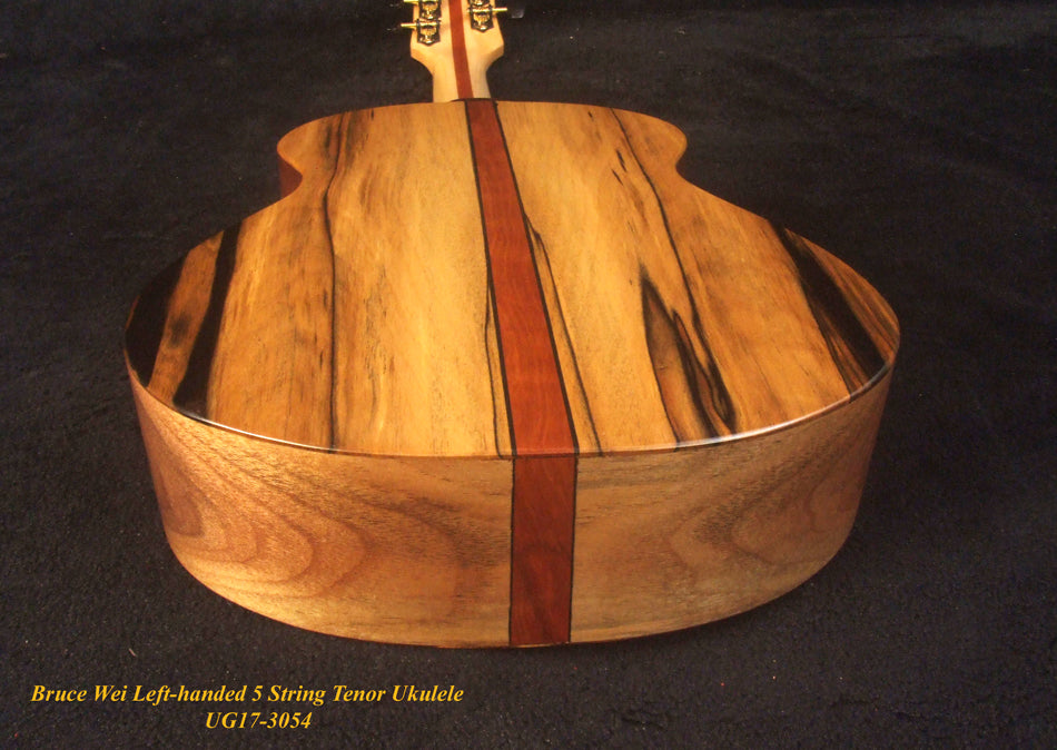 Handcrafted Left-handed 5 String Tenor Ukulele, Solid Curly Acacia, Macassar Ebony, Floral Inlay, Soft-bag, Bruce Wei UG17-3054