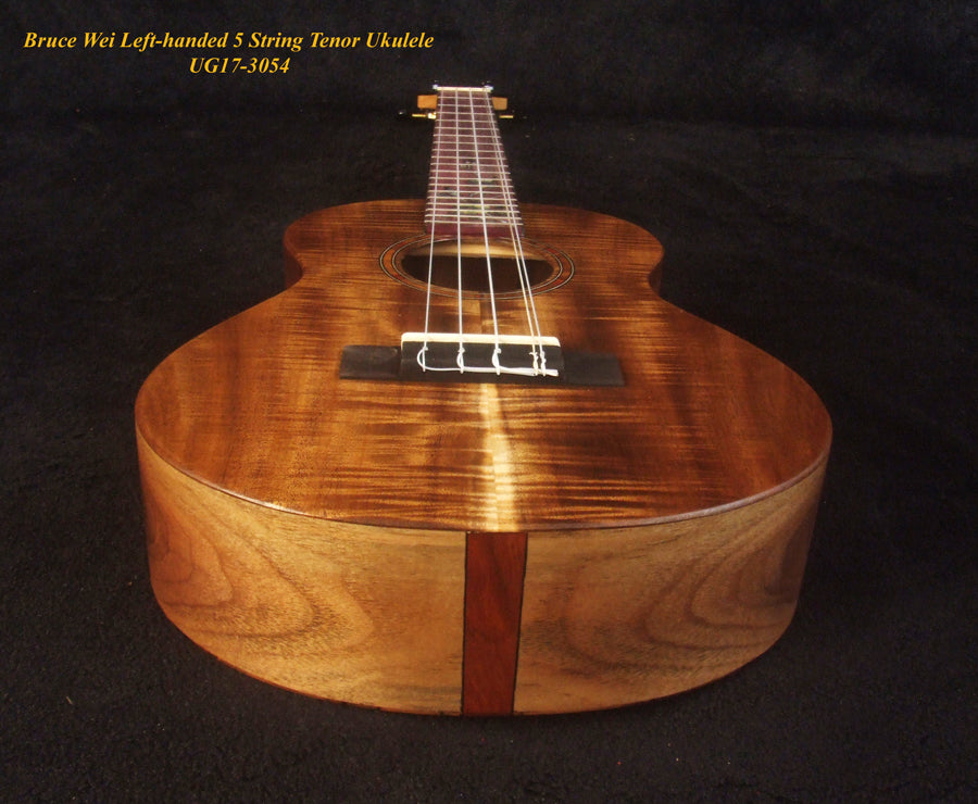 Handcrafted Left-handed 5 String Tenor Ukulele, Solid Curly Acacia, Macassar Ebony, Floral Inlay, Soft-bag, Bruce Wei UG17-3054