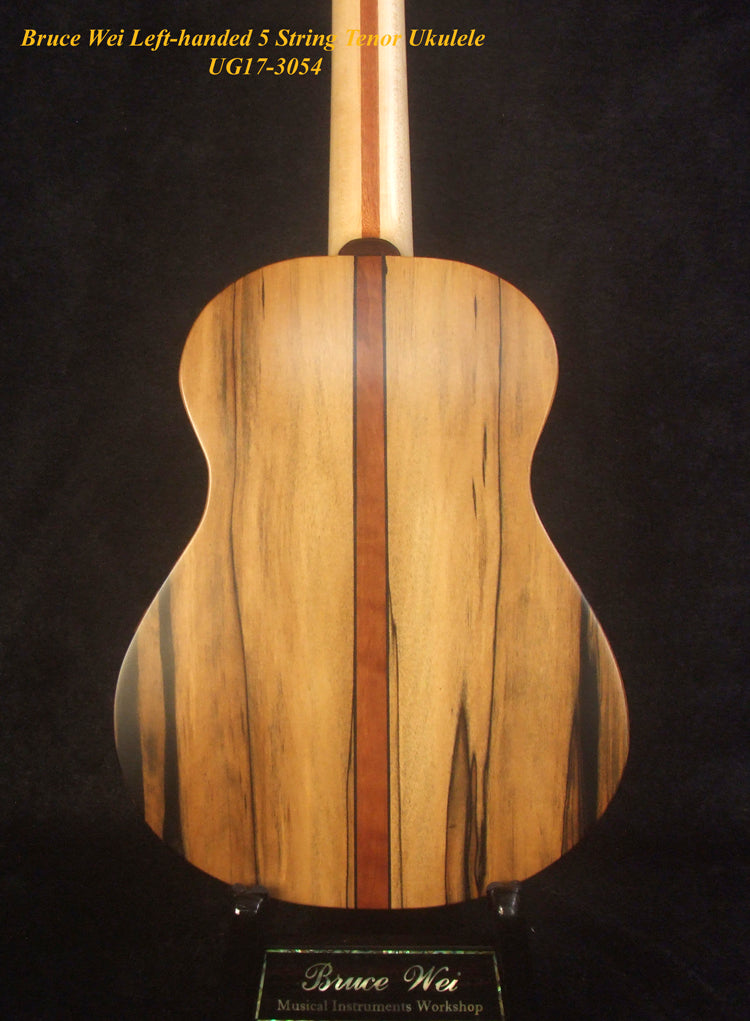 Handcrafted Left-handed 5 String Tenor Ukulele, Solid Curly Acacia, Macassar Ebony, Floral Inlay, Soft-bag, Bruce Wei UG17-3054