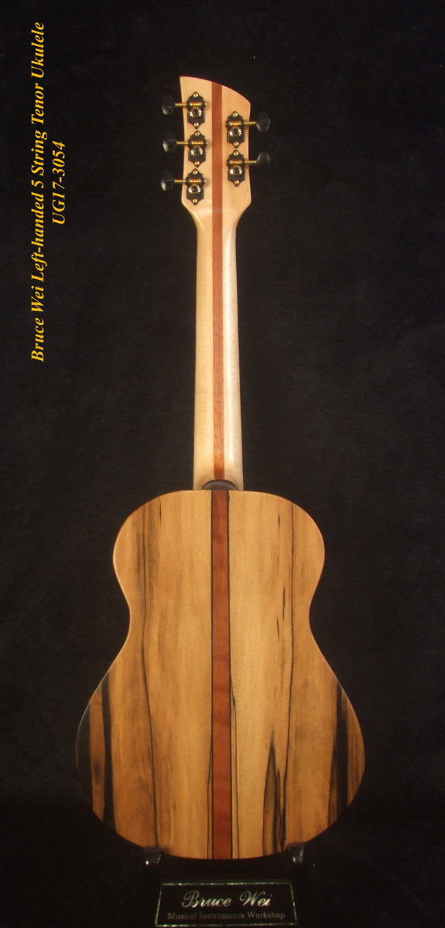 Handcrafted Left-handed 5 String Tenor Ukulele, Solid Curly Acacia, Macassar Ebony, Floral Inlay, Soft-bag, Bruce Wei UG17-3054