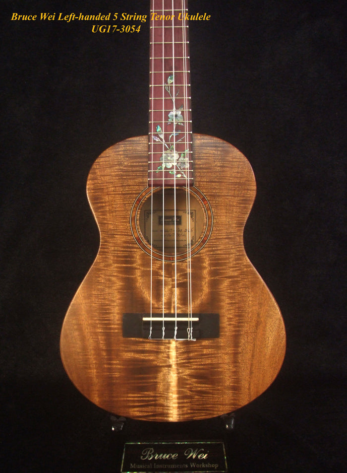 Handcrafted Left-handed 5 String Tenor Ukulele, Solid Curly Acacia, Macassar Ebony, Floral Inlay, Soft-bag, Bruce Wei UG17-3054