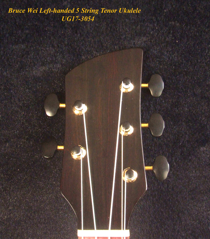 Handcrafted Left-handed 5 String Tenor Ukulele, Solid Curly Acacia, Macassar Ebony, Floral Inlay, Soft-bag, Bruce Wei UG17-3054