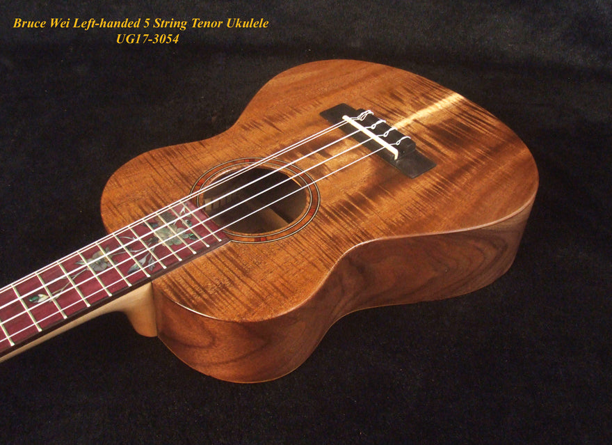 Handcrafted Left-handed 5 String Tenor Ukulele, Solid Curly Acacia, Macassar Ebony, Floral Inlay, Soft-bag, Bruce Wei UG17-3054