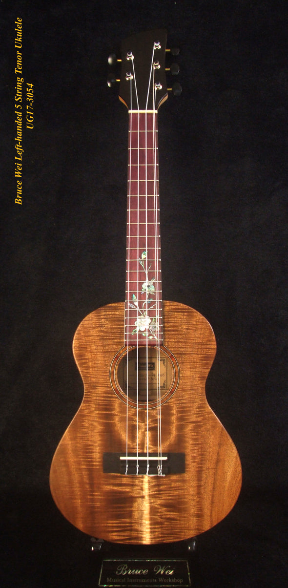 Handcrafted Left-handed 5 String Tenor Ukulele, Solid Curly Acacia, Macassar Ebony, Floral Inlay, Soft-bag, Bruce Wei UG17-3054