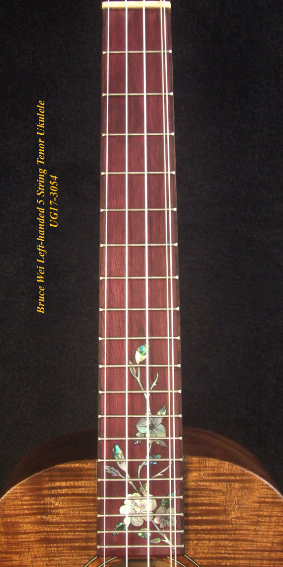Handcrafted Left-handed 5 String Tenor Ukulele, Solid Curly Acacia, Macassar Ebony, Floral Inlay, Soft-bag, Bruce Wei UG17-3054