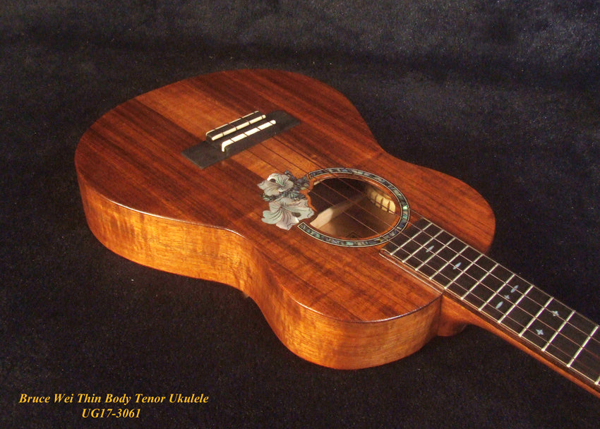 Handmade Thin Body Tenor Ukulele, Solid Hawaiian Koa, Hibiscus Soundhole, Inlay, Soft-bag Bruce Wei UG17-3061
