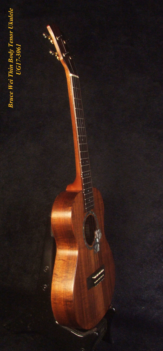 Handmade Thin Body Tenor Ukulele, Solid Hawaiian Koa, Hibiscus Soundhole, Inlay, Soft-bag Bruce Wei UG17-3061