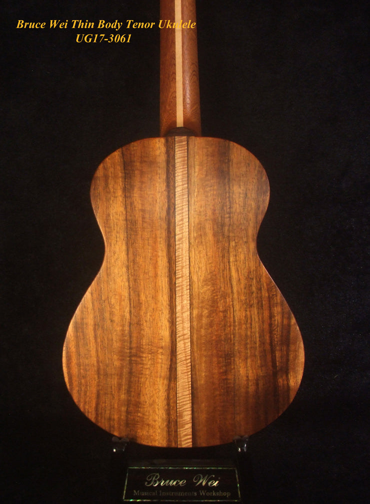 Handmade Thin Body Tenor Ukulele, Solid Hawaiian Koa, Hibiscus Soundhole, Inlay, Soft-bag Bruce Wei UG17-3061