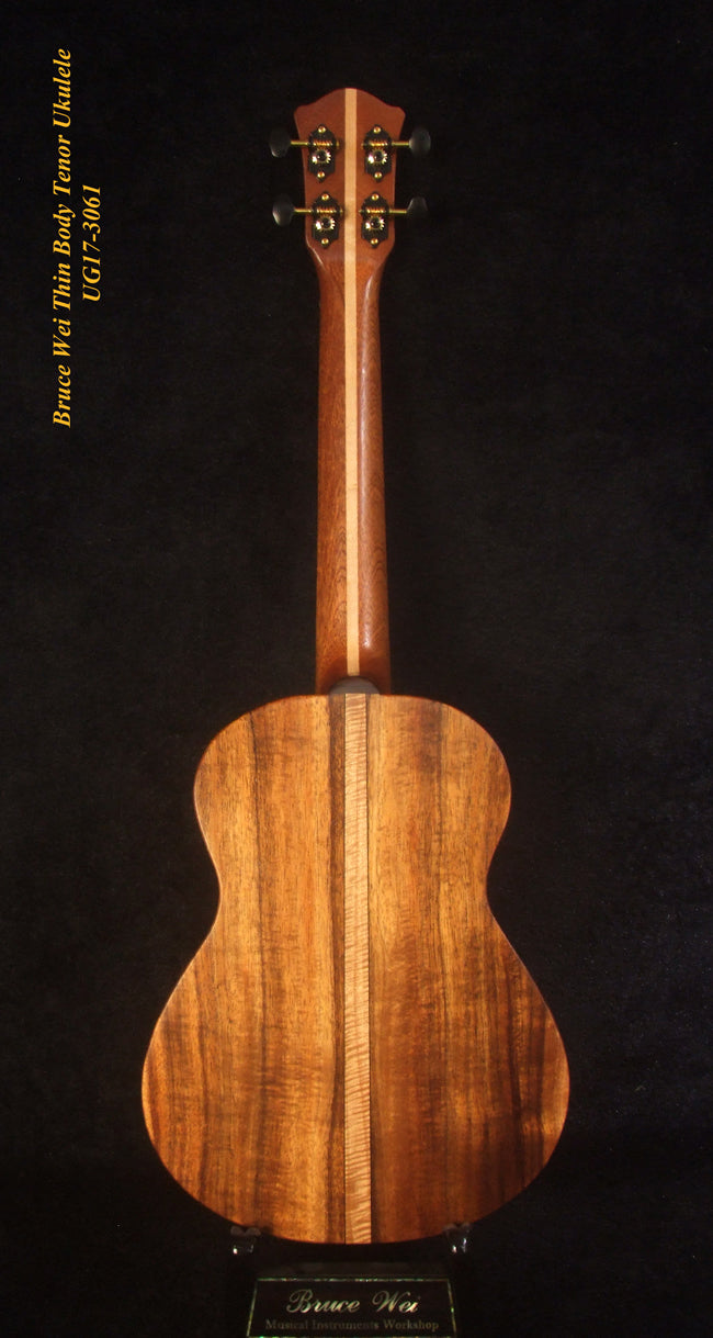Handmade Thin Body Tenor Ukulele, Solid Hawaiian Koa, Hibiscus Soundhole, Inlay, Soft-bag Bruce Wei UG17-3061