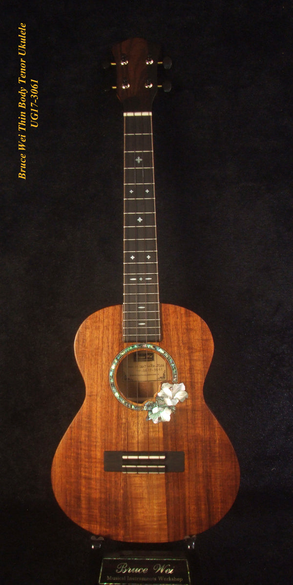 Handmade Thin Body Tenor Ukulele, Solid Hawaiian Koa, Hibiscus Soundhole, Inlay, Soft-bag Bruce Wei UG17-3061