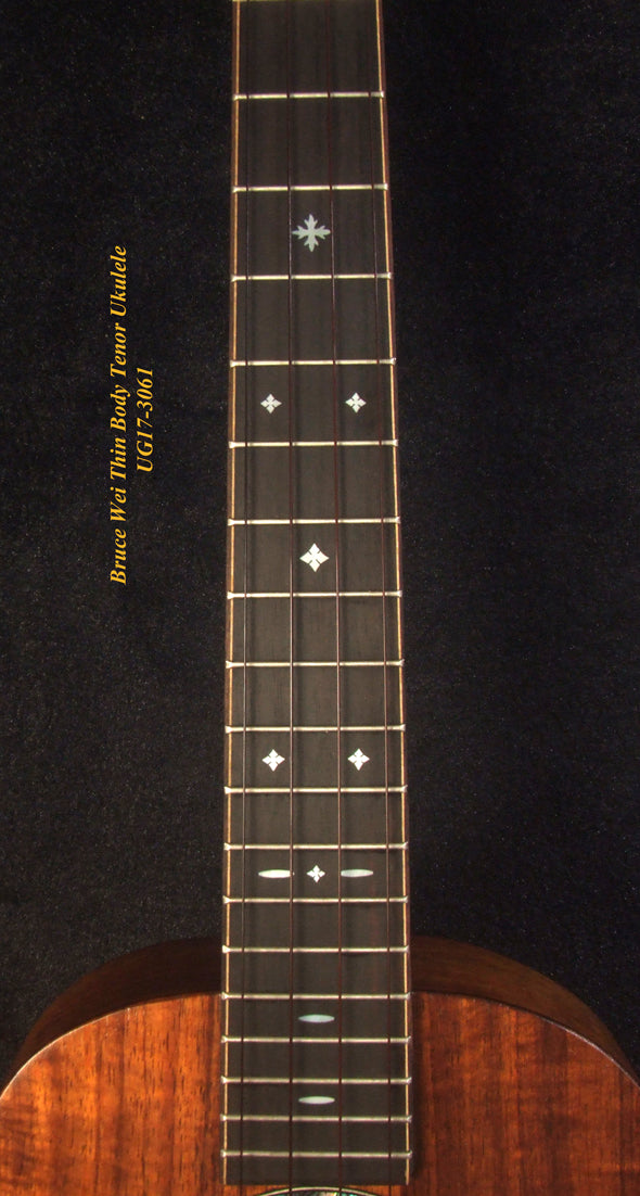 Handmade Thin Body Tenor Ukulele, Solid Hawaiian Koa, Hibiscus Soundhole, Inlay, Soft-bag Bruce Wei UG17-3061