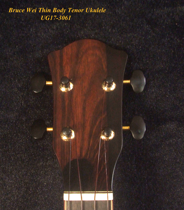 Handmade Thin Body Tenor Ukulele, Solid Hawaiian Koa, Hibiscus Soundhole, Inlay, Soft-bag Bruce Wei UG17-3061