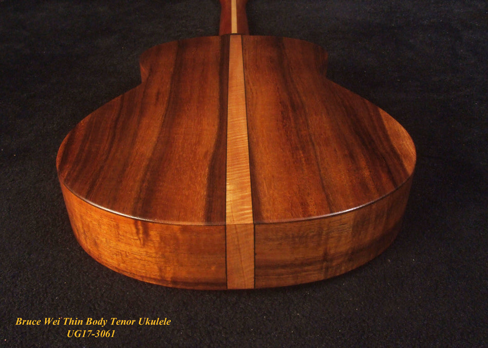 Handmade Thin Body Tenor Ukulele, Solid Hawaiian Koa, Hibiscus Soundhole, Inlay, Soft-bag Bruce Wei UG17-3061