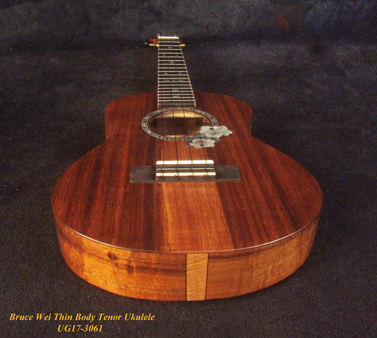 Handmade Thin Body Tenor Ukulele, Solid Hawaiian Koa, Hibiscus Soundhole, Inlay, Soft-bag Bruce Wei UG17-3061