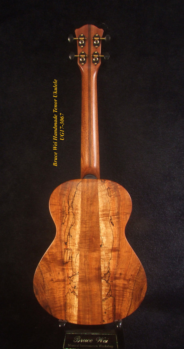 Handmade Tenor Ukulele, Solid Hawaiian Curly Koa, Dog Soundhole, Inlay, Soft-bag Bruce Wei UG17-3067