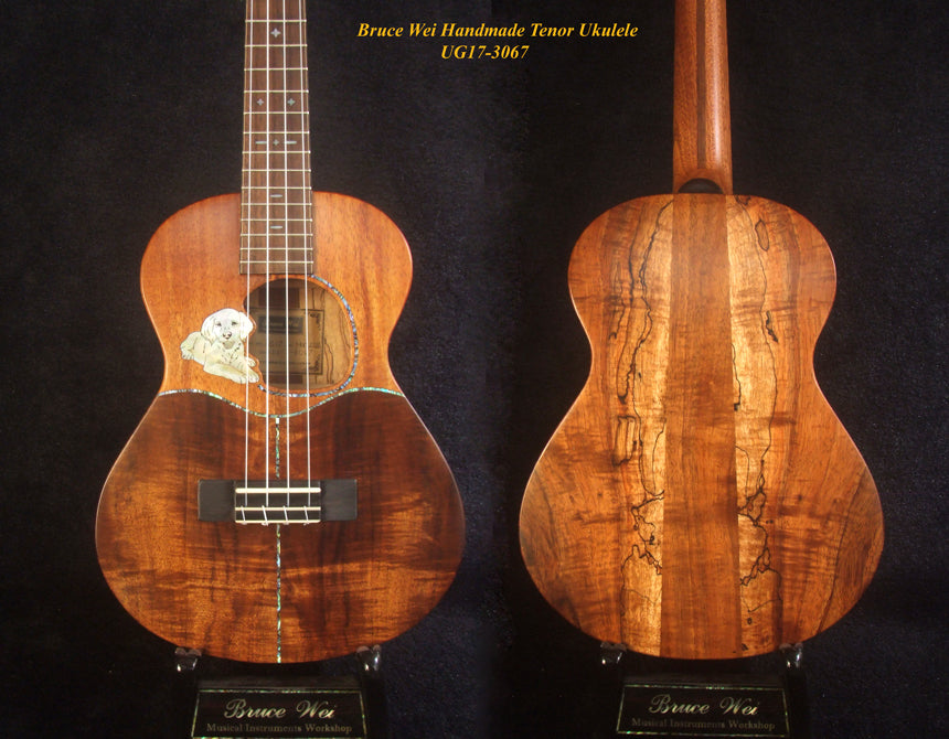 Handmade Tenor Ukulele, Solid Hawaiian Curly Koa, Dog Soundhole, Inlay, Soft-bag Bruce Wei UG17-3067