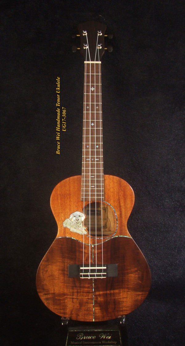 Handmade Tenor Ukulele, Solid Hawaiian Curly Koa, Dog Soundhole, Inlay, Soft-bag Bruce Wei UG17-3067