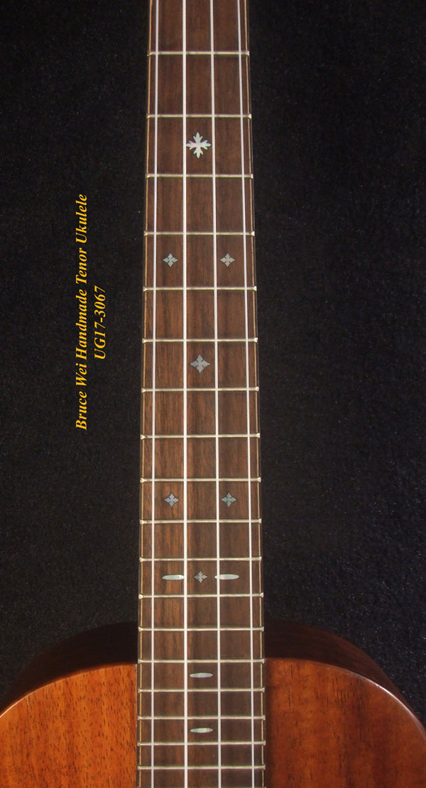 Handmade Tenor Ukulele, Solid Hawaiian Curly Koa, Dog Soundhole, Inlay, Soft-bag Bruce Wei UG17-3067