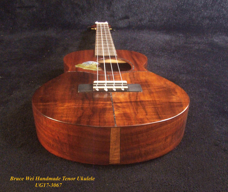 Handmade Tenor Ukulele, Solid Hawaiian Curly Koa, Dog Soundhole, Inlay, Soft-bag Bruce Wei UG17-3067