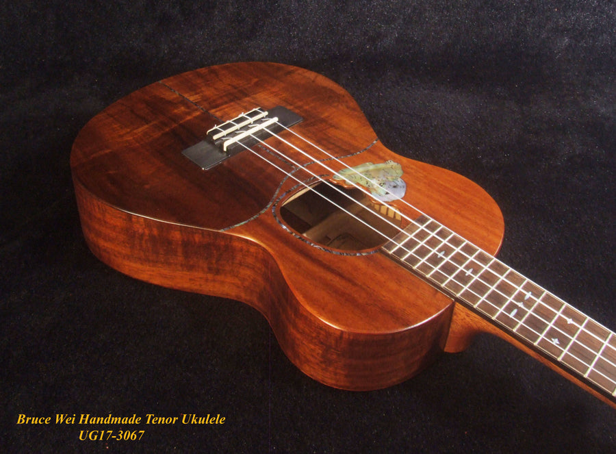 Handmade Tenor Ukulele, Solid Hawaiian Curly Koa, Dog Soundhole, Inlay, Soft-bag Bruce Wei UG17-3067
