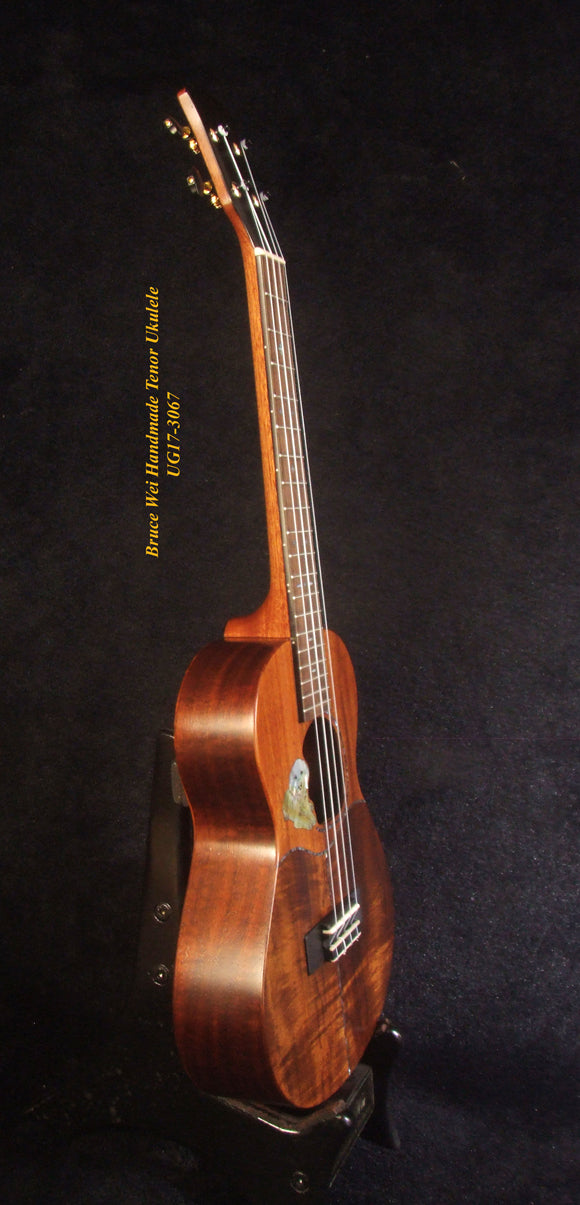 Handmade Tenor Ukulele, Solid Hawaiian Curly Koa, Dog Soundhole, Inlay, Soft-bag Bruce Wei UG17-3067