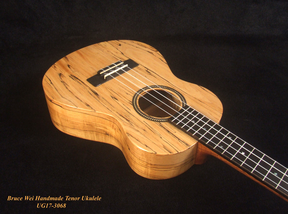 Handmade Tenor Ukulele, Solid Spalted Maple, Bear Claw Ash, MOP Inlay, Soft-bag, Bruce Wei UG17-3068