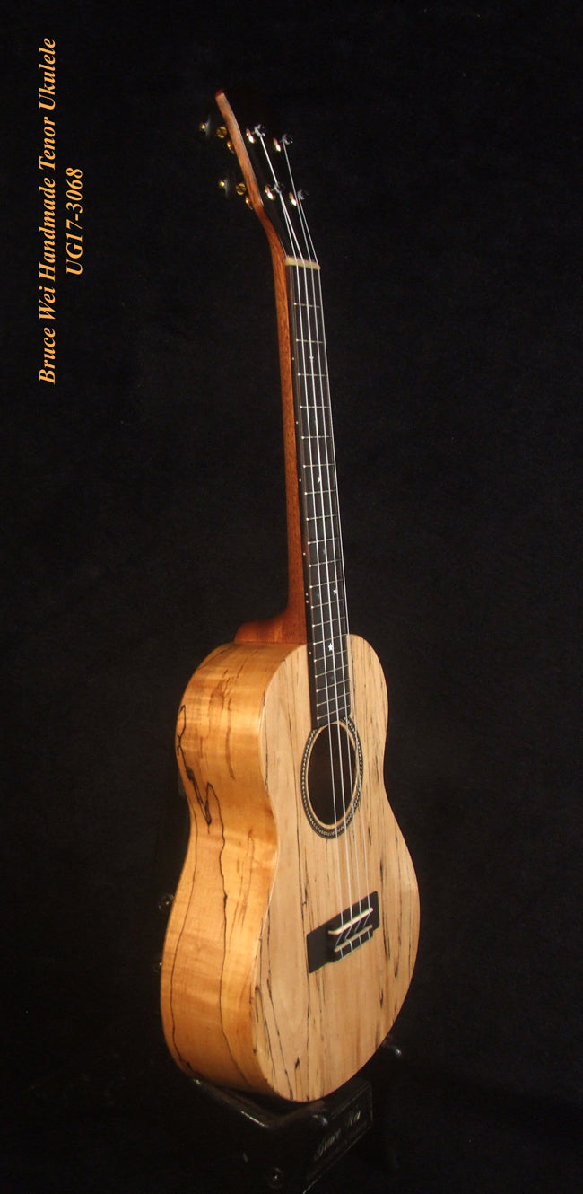 Handmade Tenor Ukulele, Solid Spalted Maple, Bear Claw Ash, MOP Inlay, Soft-bag, Bruce Wei UG17-3068
