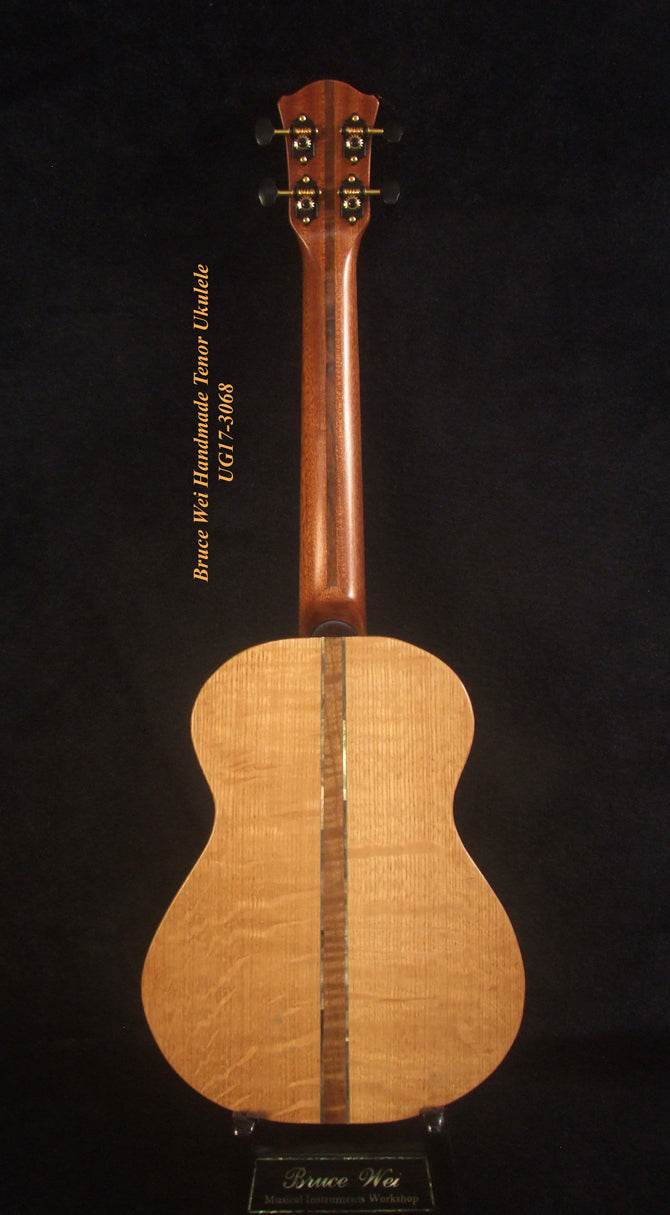 Handmade Tenor Ukulele, Solid Spalted Maple, Bear Claw Ash, MOP Inlay, Soft-bag, Bruce Wei UG17-3068