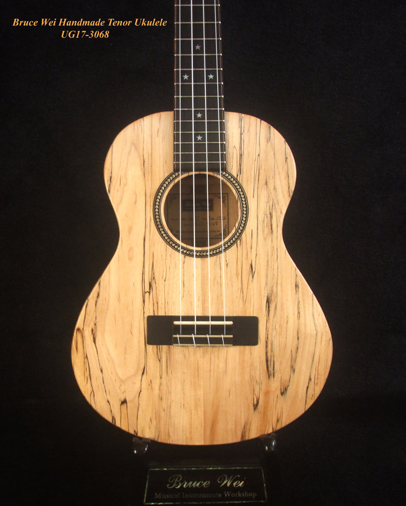 Handmade Tenor Ukulele, Solid Spalted Maple, Bear Claw Ash, MOP Inlay, Soft-bag, Bruce Wei UG17-3068