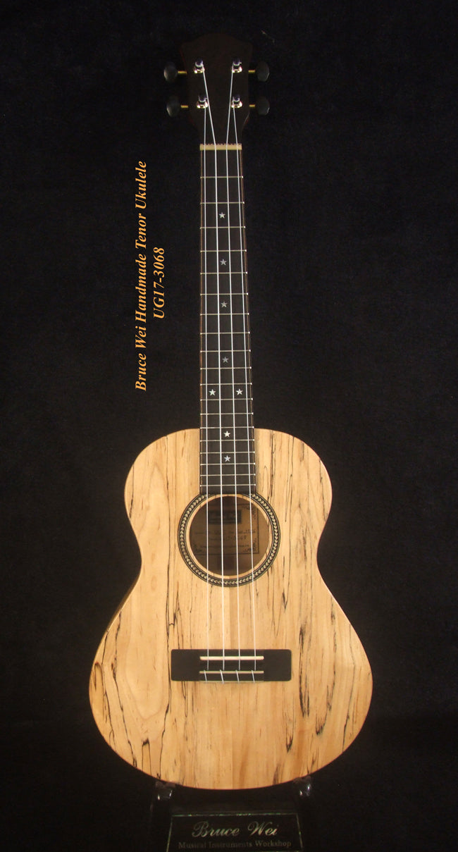 Handmade Tenor Ukulele, Solid Spalted Maple, Bear Claw Ash, MOP Inlay, Soft-bag, Bruce Wei UG17-3068