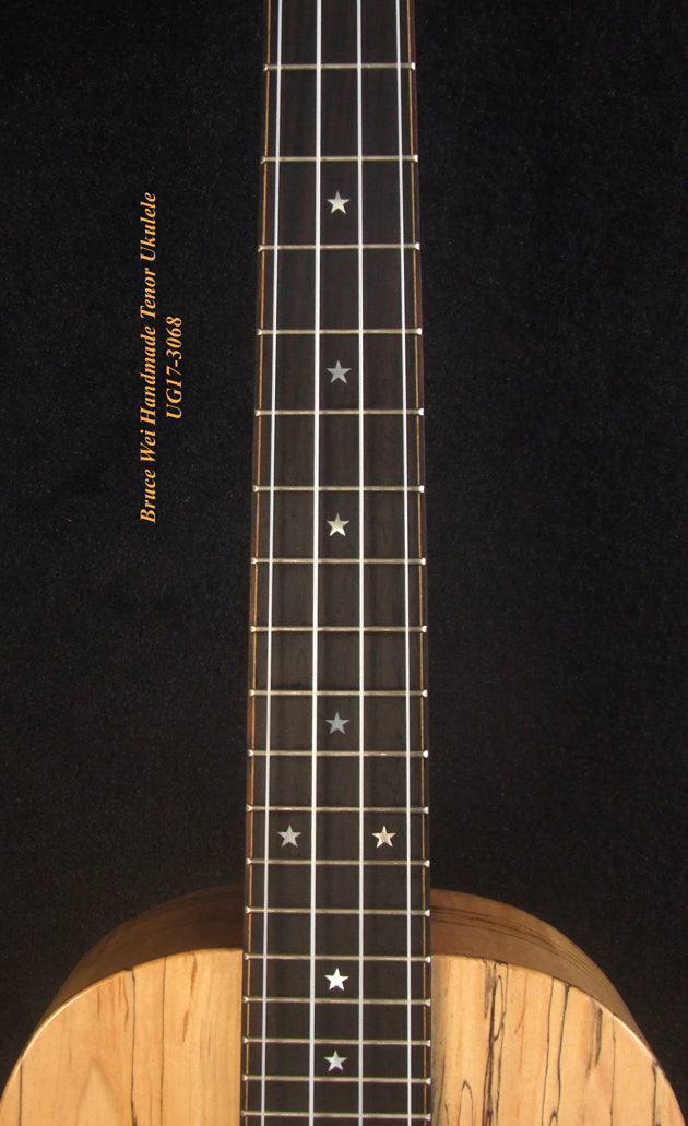 Handmade Tenor Ukulele, Solid Spalted Maple, Bear Claw Ash, MOP Inlay, Soft-bag, Bruce Wei UG17-3068