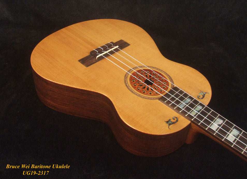 Handcrafted Baritone Ukulele, Solid Indian Rosewood, Spruce 4 String, MOP Inlay, Bruce Wei UG19-2317