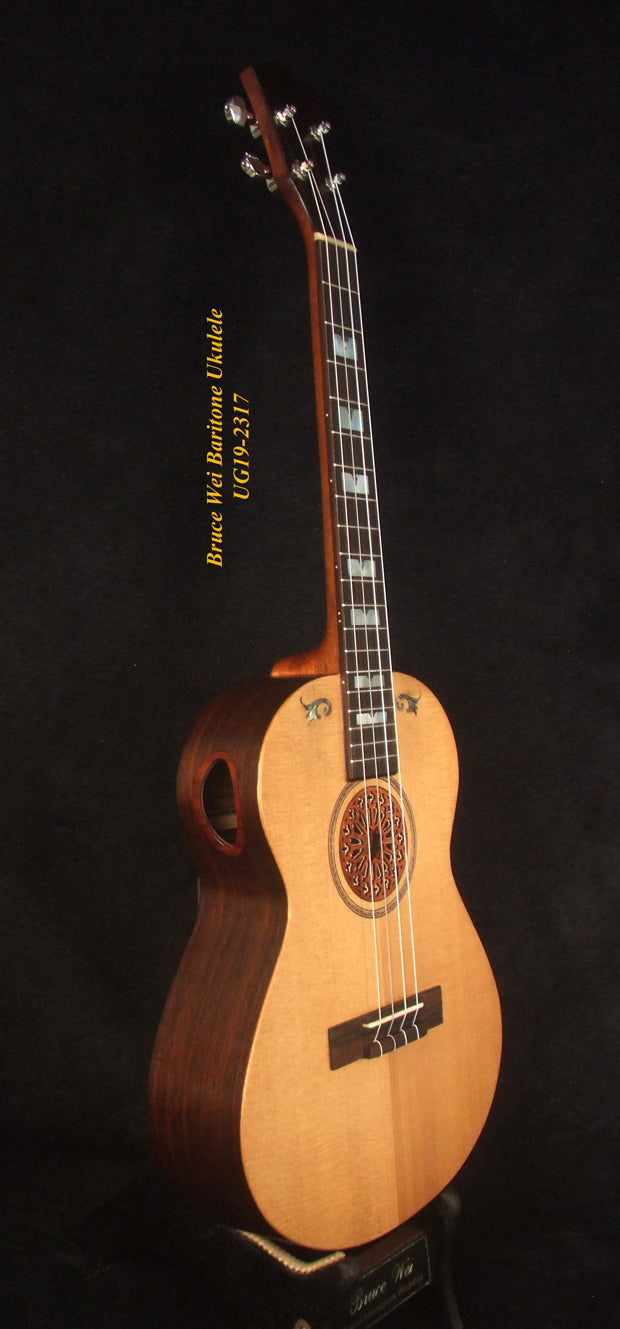 Handcrafted Baritone Ukulele, Solid Indian Rosewood, Spruce 4 String, MOP Inlay, Bruce Wei UG19-2317