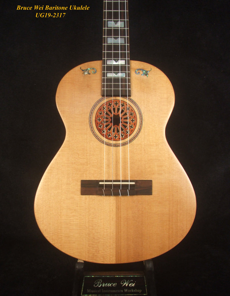 Handcrafted Baritone Ukulele, Solid Indian Rosewood, Spruce 4 String, MOP Inlay, Bruce Wei UG19-2317