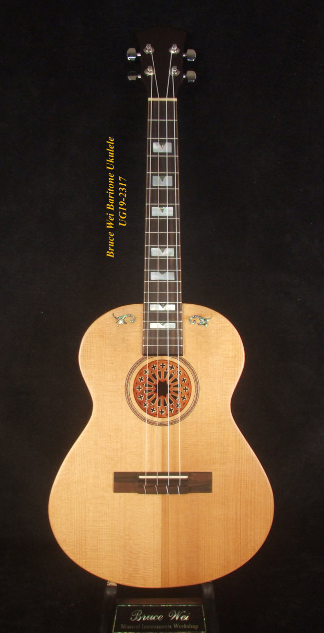Handcrafted Baritone Ukulele, Solid Indian Rosewood, Spruce 4 String, MOP Inlay, Bruce Wei UG19-2317