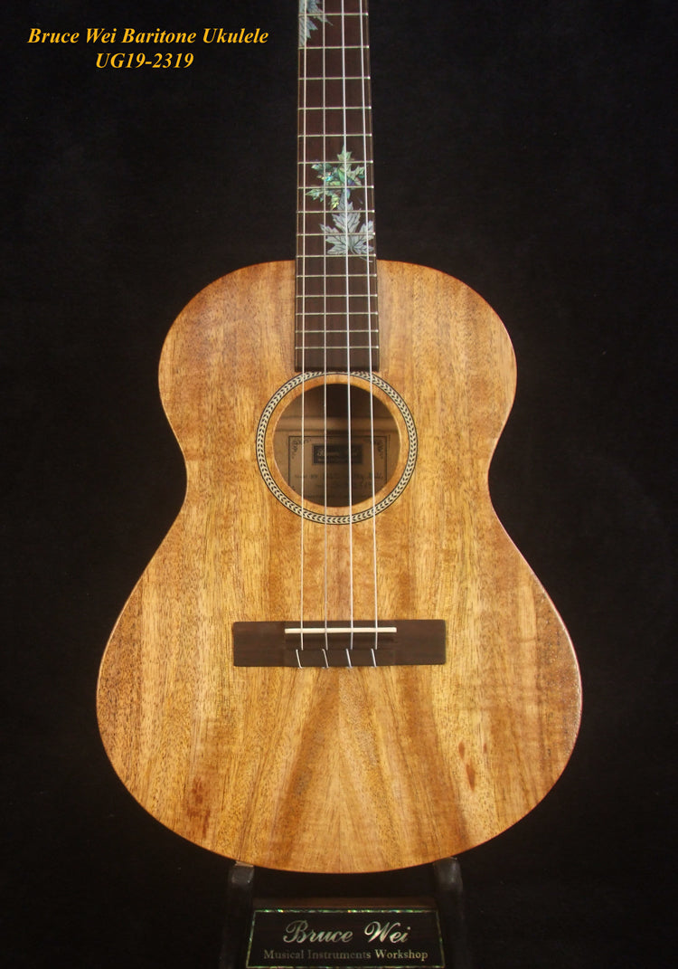 Handcrafted Baritone Ukulele, Solid Mango 4 String, Maple Leaf Inlay, Soft-bag, Bruce Wei UG19-2319