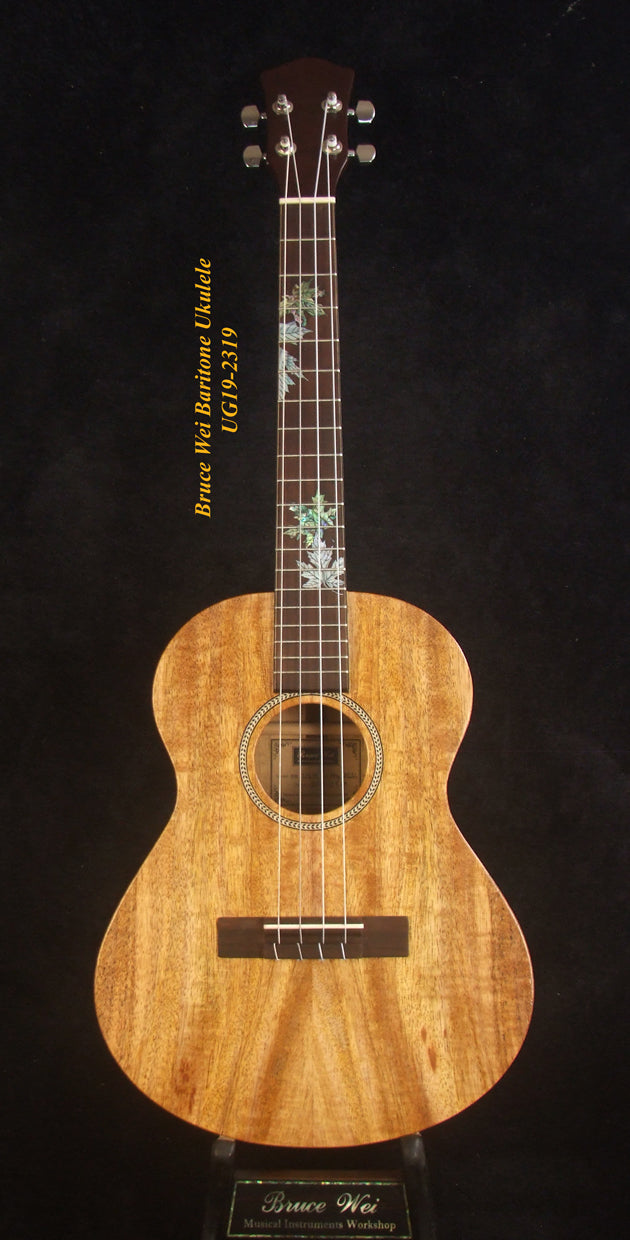 Handcrafted Baritone Ukulele, Solid Mango 4 String, Maple Leaf Inlay, Soft-bag, Bruce Wei UG19-2319