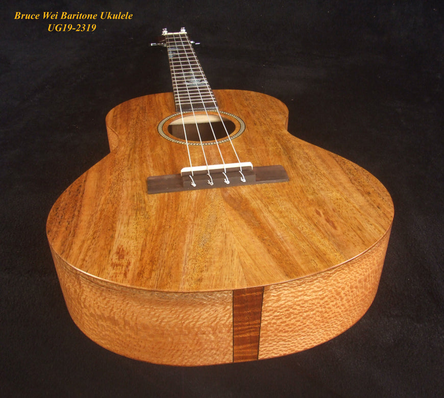 Handcrafted Baritone Ukulele, Solid Mango 4 String, Maple Leaf Inlay, Soft-bag, Bruce Wei UG19-2319