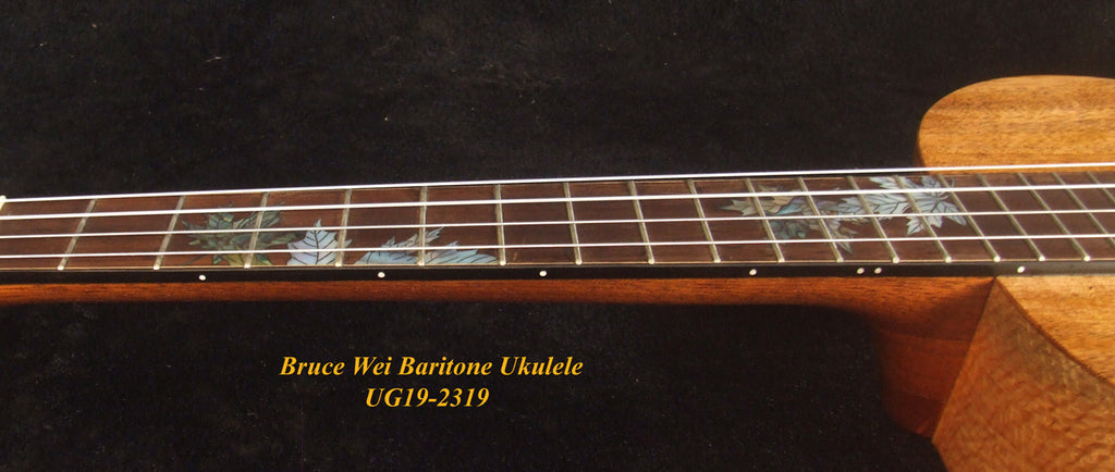 Handcrafted Baritone Ukulele, Solid Mango 4 String, Maple Leaf Inlay, Soft-bag, Bruce Wei UG19-2319