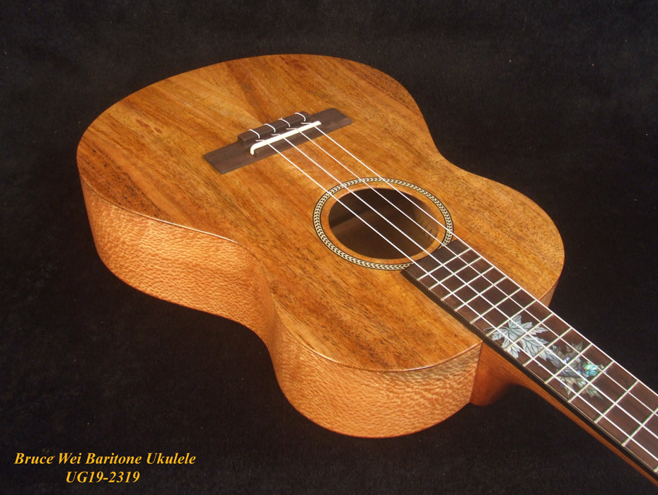 Handcrafted Baritone Ukulele, Solid Mango 4 String, Maple Leaf Inlay, Soft-bag, Bruce Wei UG19-2319