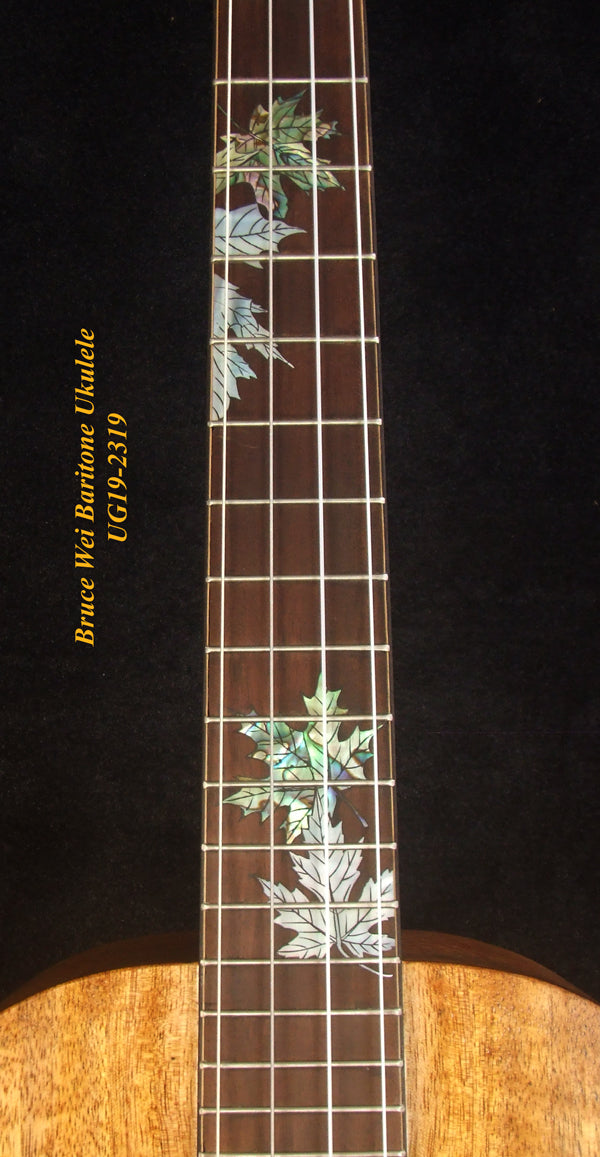 Handcrafted Baritone Ukulele, Solid Mango 4 String, Maple Leaf Inlay, Soft-bag, Bruce Wei UG19-2319