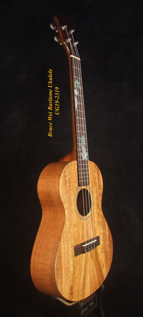 Handcrafted Baritone Ukulele, Solid Mango 4 String, Maple Leaf Inlay, Soft-bag, Bruce Wei UG19-2319