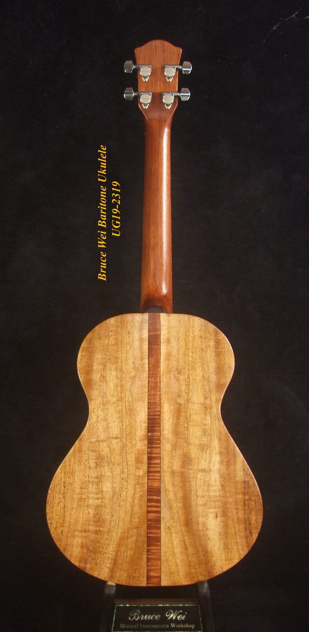 Handcrafted Baritone Ukulele, Solid Mango 4 String, Maple Leaf Inlay, Soft-bag, Bruce Wei UG19-2319