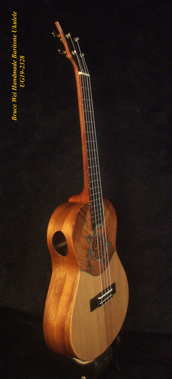 Handmade Baritone Ukulele, Solid Hawaiian Koa, Spruce & Acacia, 4 String, Turtle Soundhole, Soft-bag Bruce Wei UG19-2328
