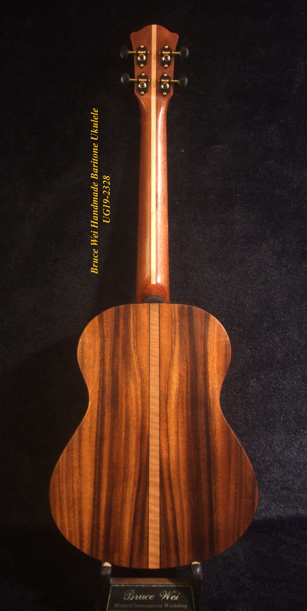 Handmade Baritone Ukulele, Solid Hawaiian Koa, Spruce & Acacia, 4 String, Turtle Soundhole, Soft-bag Bruce Wei UG19-2328