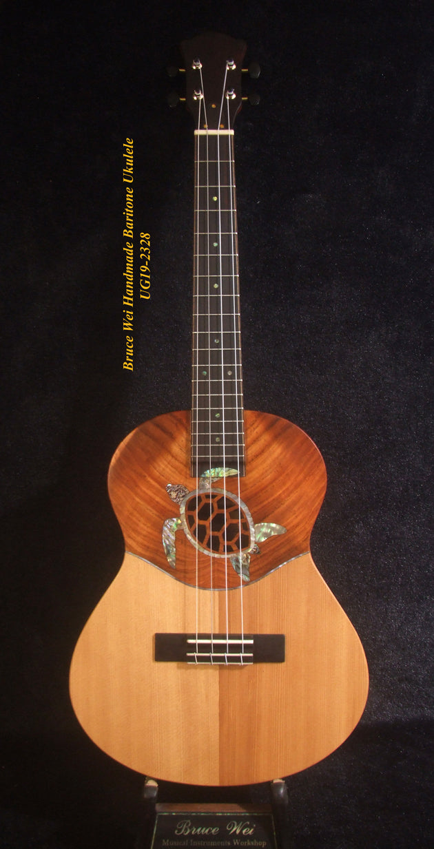 Handmade Baritone Ukulele, Solid Hawaiian Koa, Spruce & Acacia, 4 String, Turtle Soundhole, Soft-bag Bruce Wei UG19-2328