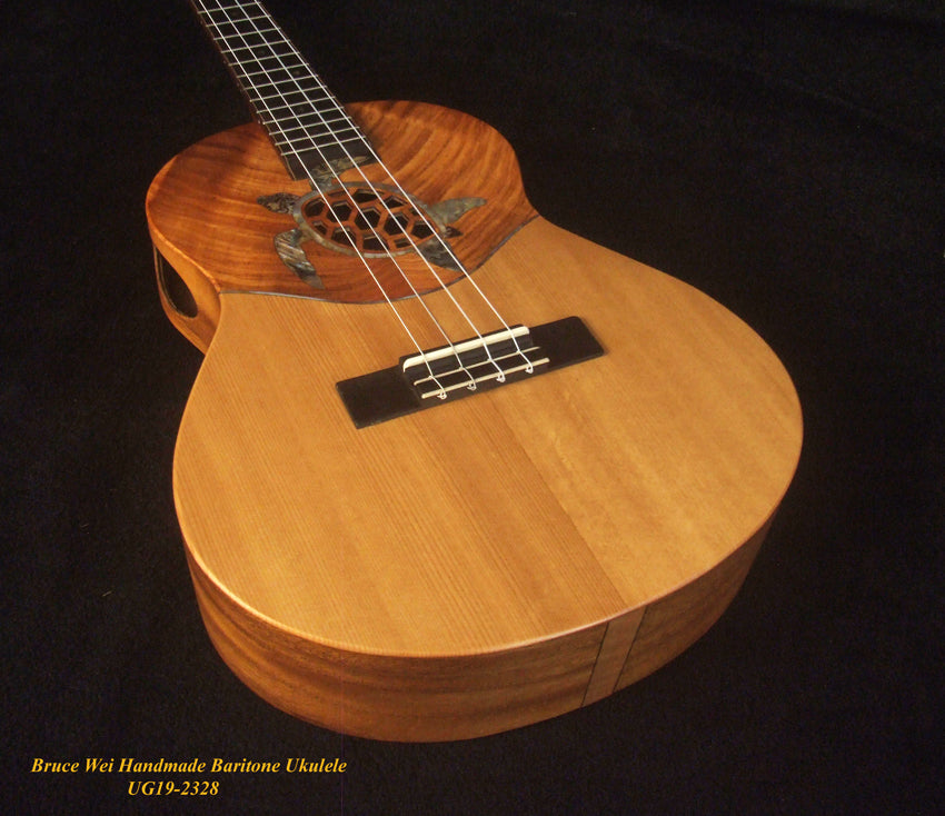 Handmade Baritone Ukulele, Solid Hawaiian Koa, Spruce & Acacia, 4 String, Turtle Soundhole, Soft-bag Bruce Wei UG19-2328
