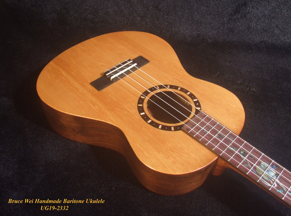 Handmade Baritone Ukulele, Curved Head, Solid Spruce, Curly Rosewood, 4 String, Floral Inlay, Soft-bag Bruce Wei UG19-2332